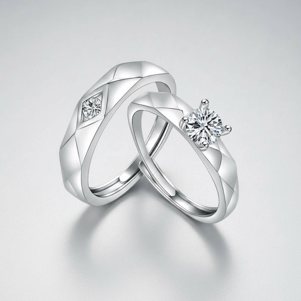 Silver crystal couple rings set - men's and women's together