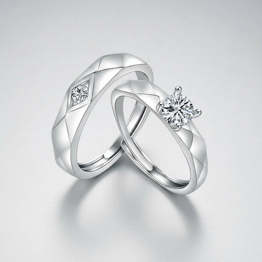 Silver crystal couple rings set - men's and women's together
