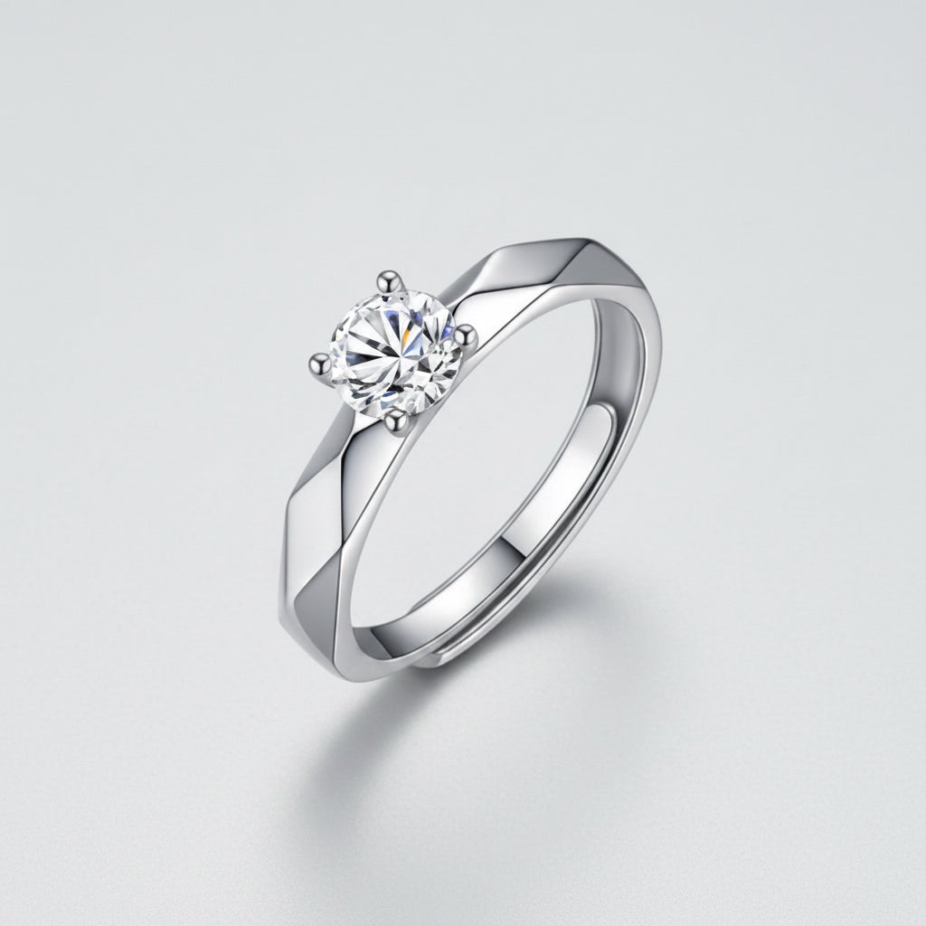 Women's silver ring with solitaire crystal stone and geometric band